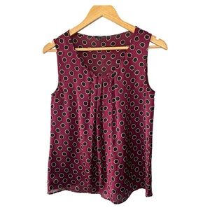 Talbots Size 6 100% silk sleeveless burgundy blouse black and gold polka dots